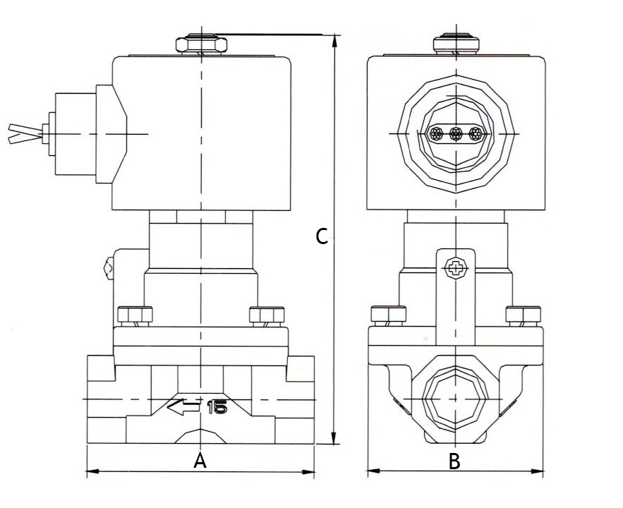Клапан электромагнитный соленоидный двухходовой поршневый DN.ru-V2W-1001P-NC Ду40 (1 1/2 дюйм), Ру0.4-16 корпус - нержавеющая сталь, уплотнение - PTFE, резьба G, с катушкой 24В
