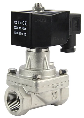 Двухходовой электромагнитный соленоидный клапан DN.ru-DHP21-S с нулевым перепадом давления (НЗ) DN40 (1 1/2 дюйм), корпус - сталь 304, уплотнение - PTFE, резьба G, с катушкой YS-018 220В
