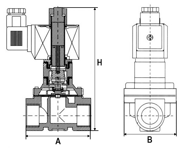 Клапаны электромагнитные соленоидные двухходовые DN.ru-DW21-NO прямого действия (НО) Ду10-50 (3/8-2 дюйм) Ру10, корпус - латунь, уплотнение - EPDM, резьба G, с катушкой SD01B 220В