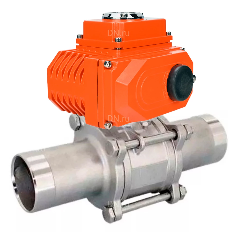 Кран шаровой DN.ru BV3131P(3pc)-FP-W-ISO-H LONG Ду32 Ру40 полнопроходной, корпус - нержавеющая сталь 304, уплотнение - PTFE, под приварку, с электроприводом DN.ru QT-N-003EM-O1-220VAC-У1 HARK