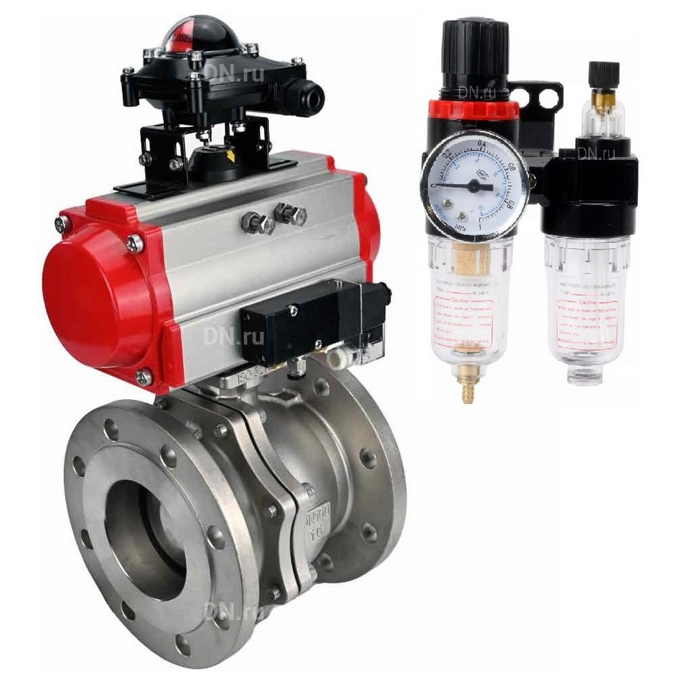 Кран шаровой DN.ru BV3232P(2pc)-FP-F-ISO-R Ду250 Ру16 полнопроходной двухходовой, нержавеющая сталь 316, фланцевый, уплотнение - PTFE, с пневмоприводом PA-DA-160 двойного действия, пневмораспределителем 4M310-08 220В, БКВ APL-210N и БПВ AFC2000