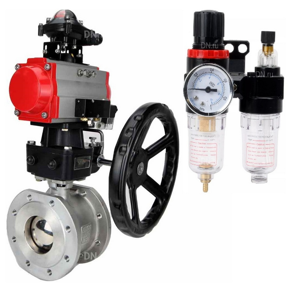 Кран шаровой DN.ru BV3232P(2pc)-FP-F-ISO-R Ду250 Ру16 полнопроходной двухходовой, нерж. сталь 316, фланцевый, PTFE, с пневмоприводом PA-DA-160 двойного действия, пневмораспределителем 4M310-08 24В, БКВ APL-210N, редуктором MON4-1200-T54-ISO и БПВ AFC2000