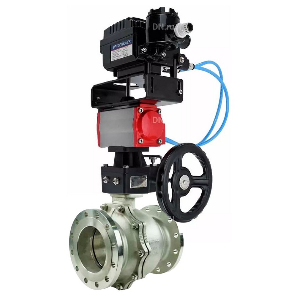 Кран шаровой DN.ru BV3232P(2pc)-FP-F-ISO-R Ду200 Ру16 полнопроходной двухходовой, нержавеющая сталь 316, фланцевый, PTFE, с пневмоприводом PA-DA-140 двойного действия, пневмопозиционером YT-1000RSN без обратной связи и редуктором MON4-1200-T54-ISO