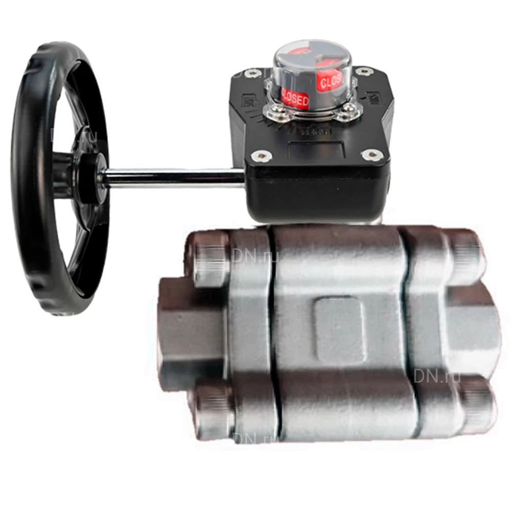 Кран шаровой DN.ru BV3232P(3pc)-FP-SW-ISO-H Ду50 Ру63 полнопроходной, корпус - нержавеющая сталь SS316, под приварку, с редуктором HGB RQN1-180Z с индикатором положения