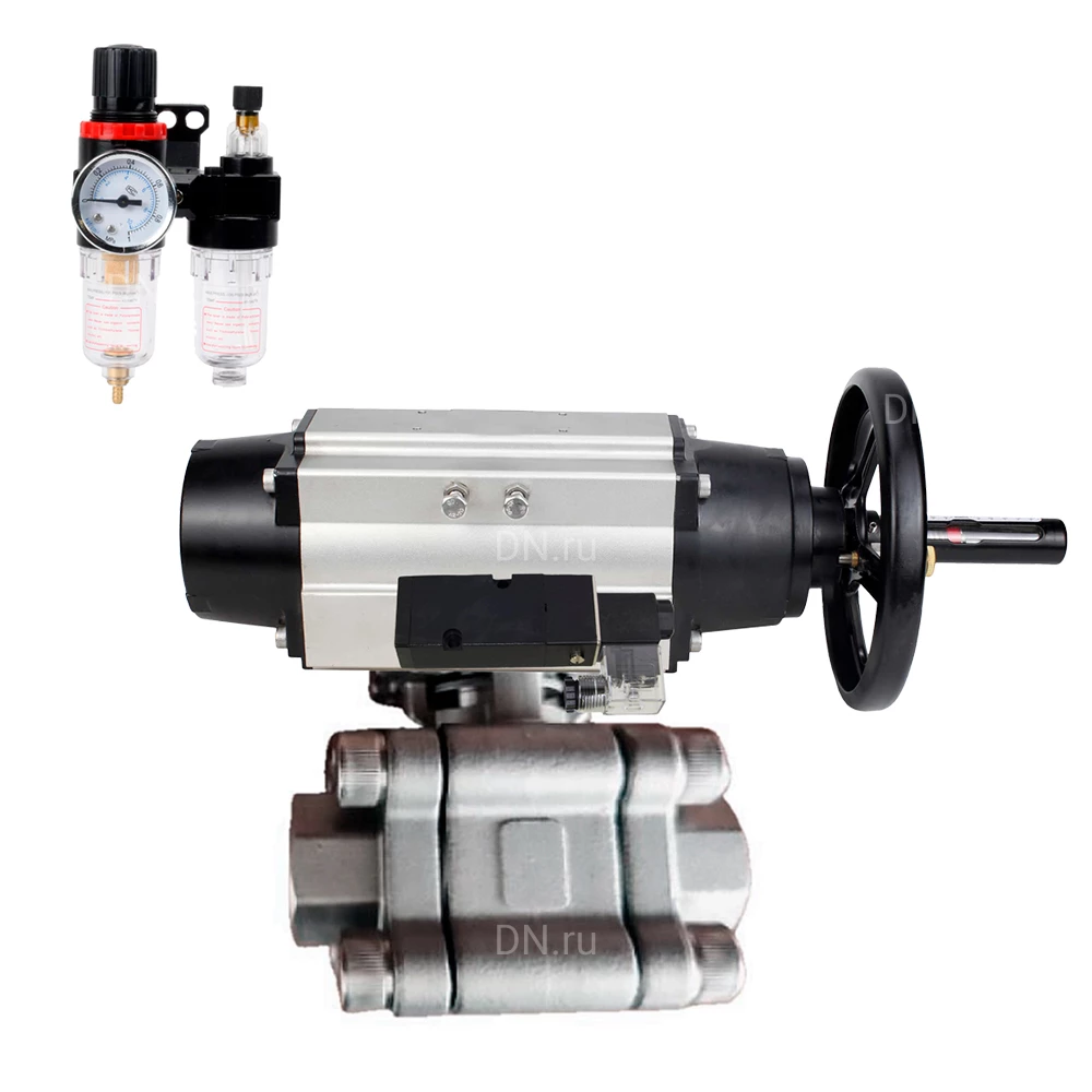Кран шаровой DN.ru BV3232P(3pc)-FP-SW-ISO-H Ду100 Ру63 полнопроходной, корпус - нержавеющая сталь SS316, под приварку, с пневмоприводом PA-DA-105-1, пневмораспределителем 4М310-08 24В, БПВ AFC2000