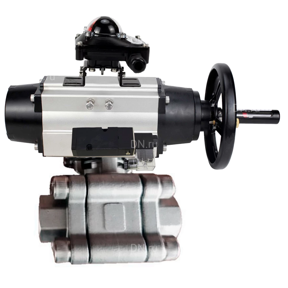Кран шаровой DN.ru BV3232P(3pc)-FP-SW-ISO-H Ду100 Ру63 полнопроходной, корпус - нержавеющая сталь SS316, под приварку, с пневмоприводом PA-DA-105-1, пневмораспределителем 4М310-08 24В, БКВ APL-210N