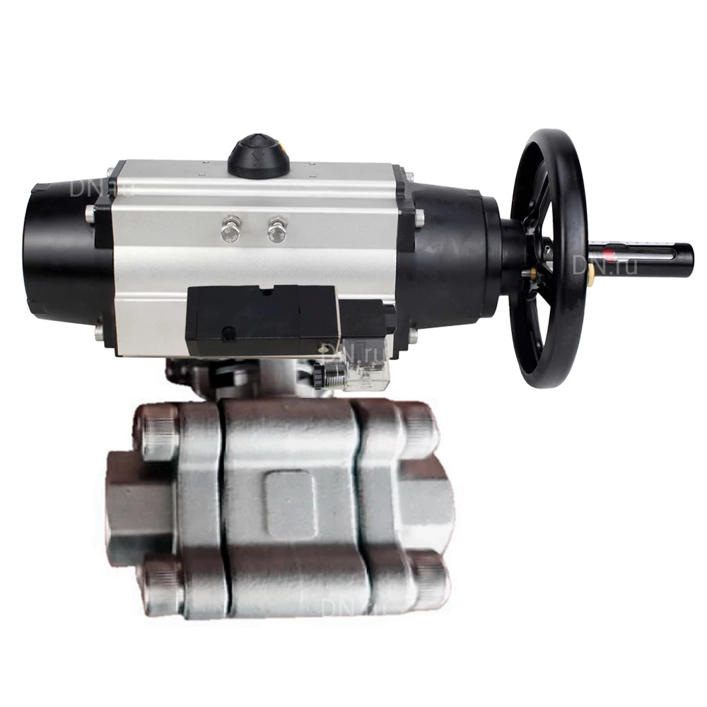 Кран шаровой DN.ru BV3232P(3pc)-FP-SW-ISO-H Ду100 Ру63 полнопроходной, корпус - нержавеющая сталь SS316, под приварку, с пневмоприводом PA-DA-105-1, пневмораспределителем 4М310-08 220В
