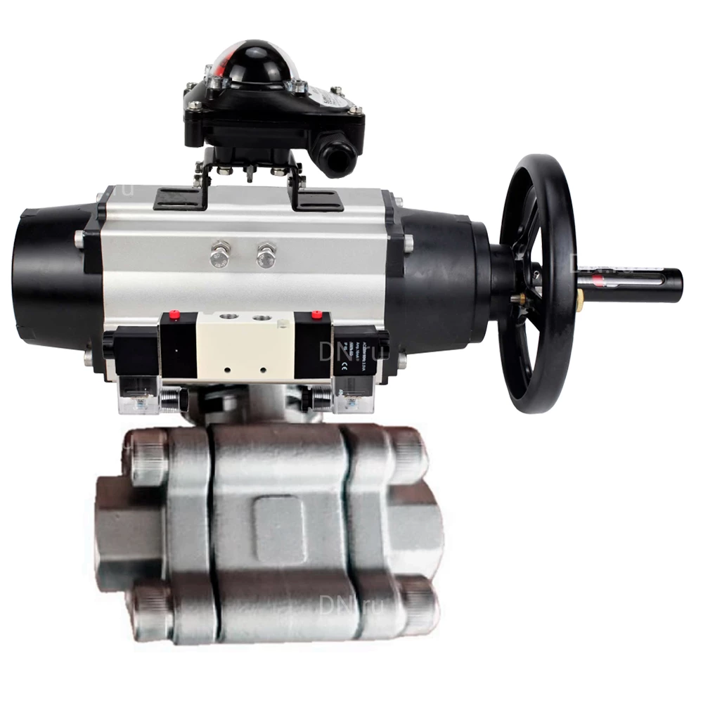 Кран шаровой DN.ru BV3232P(3pc)-FP-SW-ISO-H Ду100 Ру63 полнопроходной, корпус - нержавеющая сталь SS316, под приварку, с пневмоприводом PA-DA-105-1, пневмораспределителем 4V320-10 220В, БКВ APL-210N