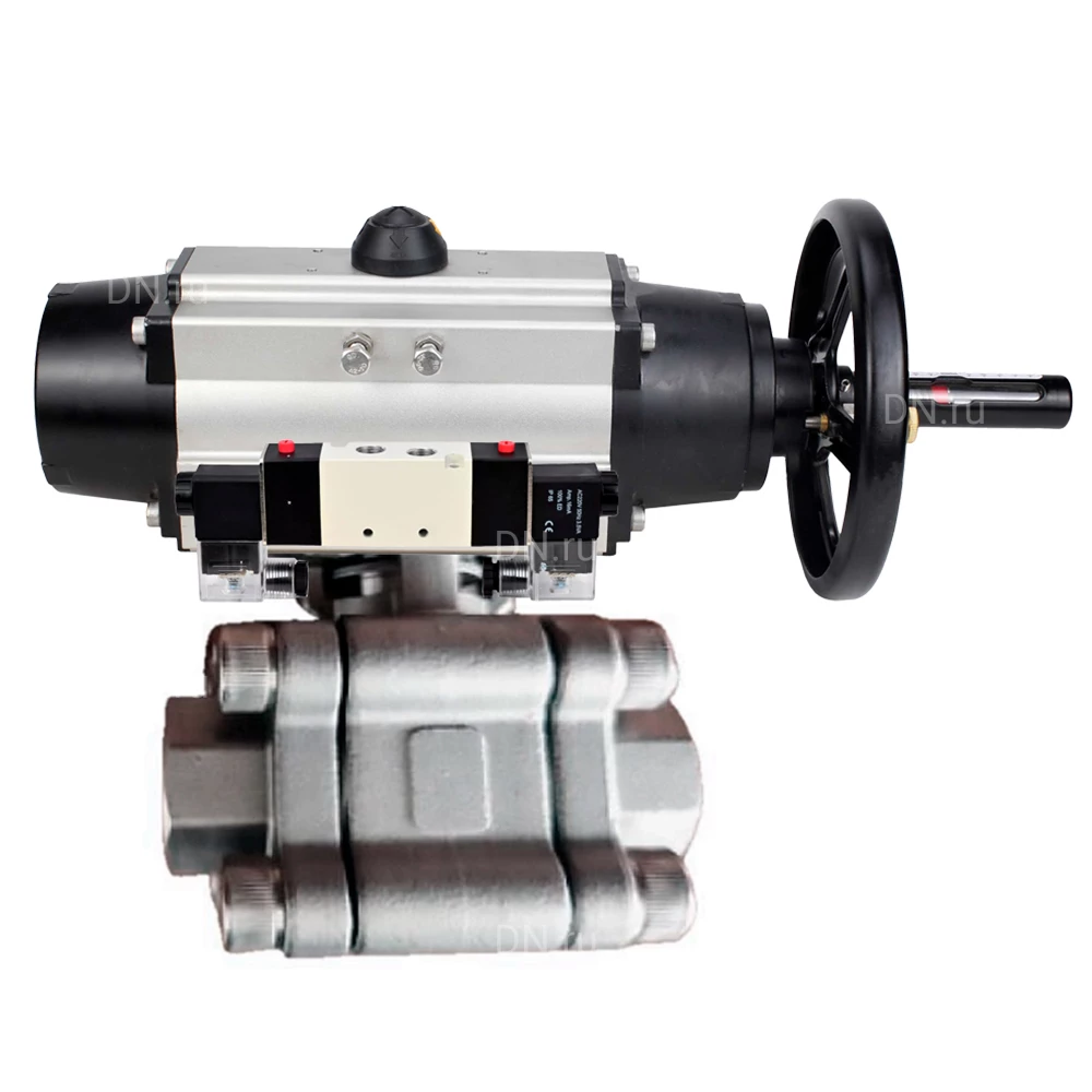 Кран шаровой DN.ru BV3232P(3pc)-FP-SW-ISO-H Ду100 Ру63 полнопроходной, корпус - нержавеющая сталь SS316, под приварку, с пневмоприводом PA-DA-105-1, пневмораспределителем 4V320-10 220В