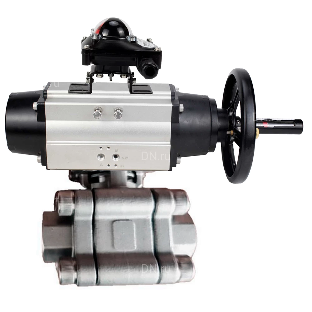 Кран шаровой DN.ru BV3232P(3pc)-FP-SW-ISO-H Ду100 Ру63 полнопроходной, корпус - нержавеющая сталь SS316, под приварку, с пневмоприводом PA-DA-105-1, БКВ APL-210N