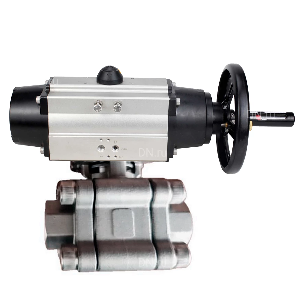 Кран шаровой DN.ru BV3232P(3pc)-FP-SW-ISO-H Ду100 Ру63 полнопроходной, корпус - нержавеющая сталь SS316, под приварку, с пневмоприводом PA-DA-105-1
