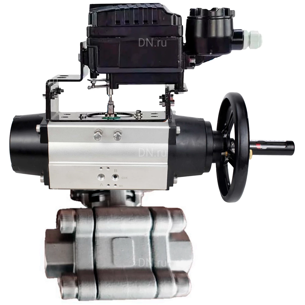 Кран шаровой DN.ru BV3232P(3pc)-FP-SW-ISO-H Ду100 Ру63 полнопроходной, корпус - нержавеющая сталь SS316, под приварку, с пневмоприводом PA-DA-105-1, электропневматическим поворотным позиционером YT-1000RSN без обратной связи