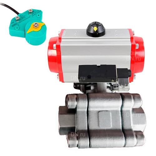 Краны шаровые DN.ru BV3232P(3pc)-FP-SW-ISO-H Ду40-50 Ру63 полнопроходные, корпус - нержавеющая сталь SS316, под приварку, с пневмоприводами PA-SA-XXX, пневмораспределителями 4М310-08 220В, магнитным переключателем ALS200D