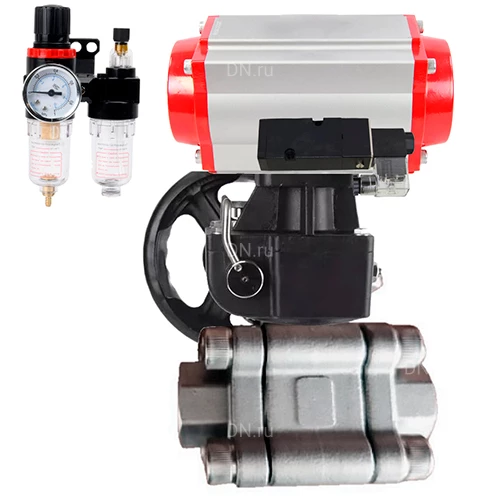 Краны шаровые DN.ru BV3232P(3pc)-FP-SW-ISO-H Ду40-100 Ру63 полнопроходные, корпус - нержавеющая сталь SS316, под приварку, с пневмоприводами PA-DA-XXX, пневмораспределителями 4М310-08 24В, ручными дублерами MON, БПВ AFC2000