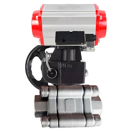 Краны шаровые DN.ru BV3232P(3pc)-FP-SW-ISO-H Ду40-100 Ру63 полнопроходные, корпус - нержавеющая сталь SS316, под приварку, с пневмоприводами PA-DA-XXX, пневмораспределителями 4М310-08 24В, ручными дублерами MON