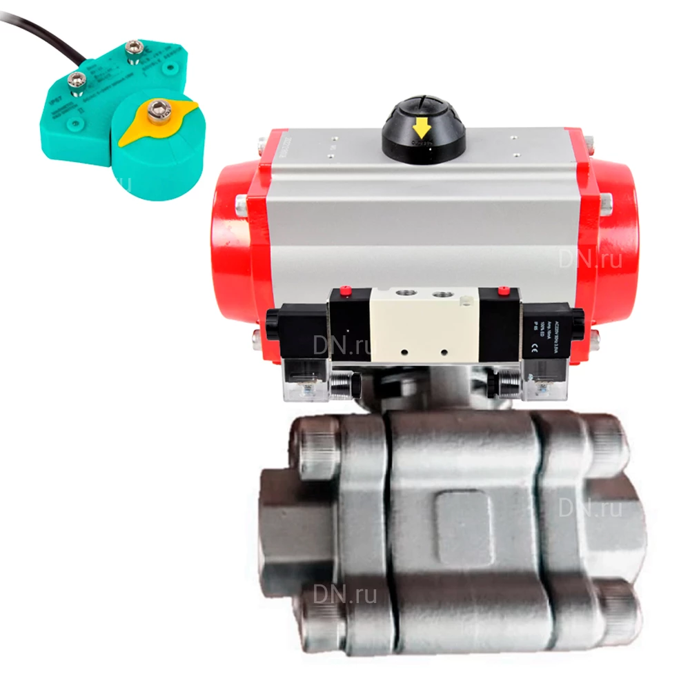 Кран шаровой DN.ru BV3232P(3pc)-FP-SW-ISO-H Ду65 Ру63 полнопроходной, корпус - нержавеющая сталь SS316, под приварку, с пневмоприводом PA-DA-105, пневмораспределителем 4V320-10 220В, магнитным переключателем ALS200D