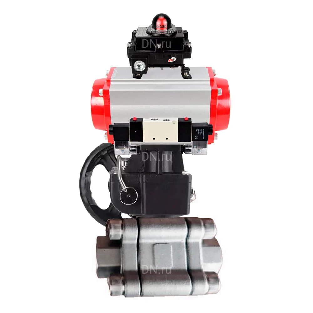 Кран шаровой DN.ru BV3232P(3pc)-FP-SW-ISO-H Ду40 Ру63 полнопроходной, корпус - нержавеющая сталь SS316, под приварку, с пневмоприводом PA-DA-065, пневмораспределителем 4V320-10 220В, БКВ APL-410N EX, ручным дублером MON1-250-T26-ISO