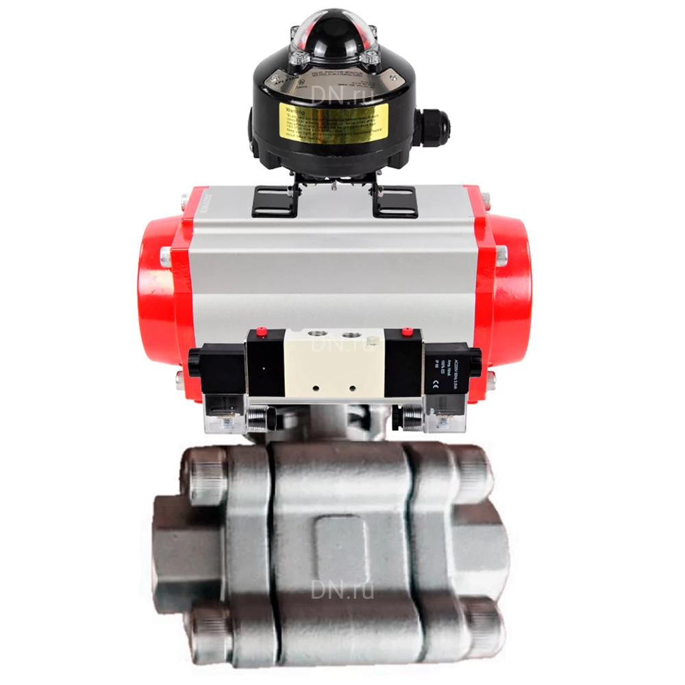 Кран шаровой DN.ru BV3232P(3pc)-FP-SW-ISO-H Ду40 Ру63 полнопроходной, корпус - нержавеющая сталь SS316, под приварку, с пневмоприводом PA-DA-065, пневмораспределителем 4V320-10 220В, БКВ APL-510N EX