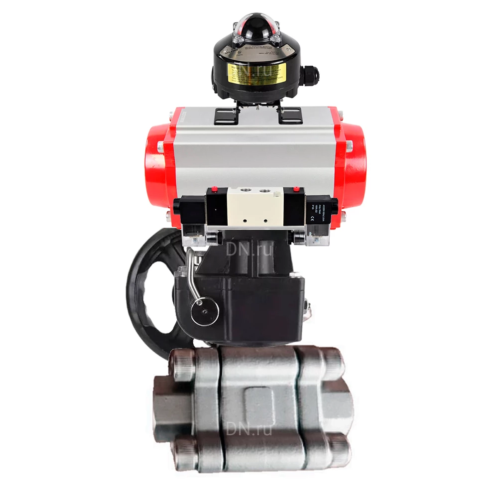 Кран шаровой DN.ru BV3232P(3pc)-FP-SW-ISO-H Ду40 Ру63 полнопроходной, корпус - нержавеющая сталь SS316, под приварку, с пневмоприводом PA-DA-065, пневмораспределителем 4V320-10 220В, БКВ APL-510N EX, ручным дублером MON1-250-T26-ISO