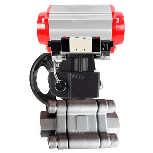 Краны шаровые DN.ru BV3232P(3pc)-FP-SW-ISO-H Ду40-100 Ру63 полнопроходные, корпус - нержавеющая сталь SS316, под приварку, с пневмоприводами PA-DA-XXX, пневмораспределителями 4V320-10 220В, ручными дублерами MON