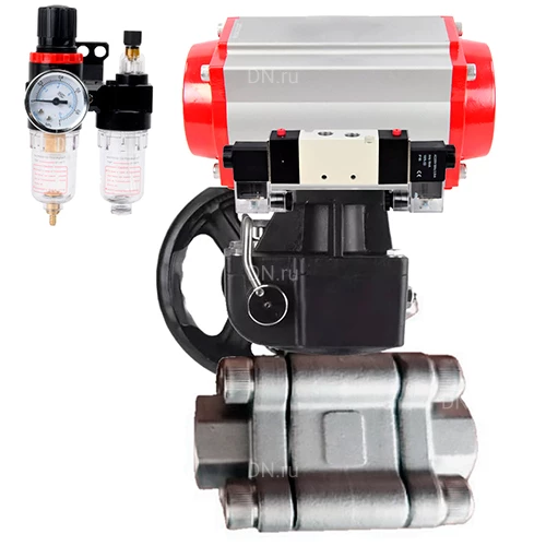 Краны шаровые DN.ru BV3232P(3pc)-FP-SW-ISO-H Ду40-100 Ру63 полнопроходные, корпус - нержавеющая сталь SS316, под приварку, с пневмоприводами PA-DA-XXX, пневмораспределителями 4V320-10 220В, ручными дублерами MON, БПВ AFC2000