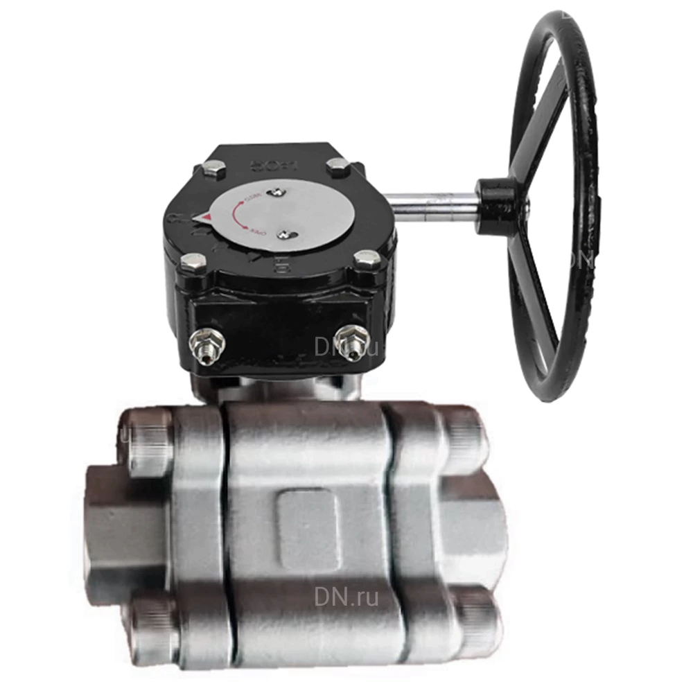 Кран шаровой DN.ru BV3232P(3pc)-FP-SW-ISO-H Ду50 Ру63 полнопроходной, корпус - нержавеющая сталь SS316, под приварку, с редуктором RDN RQN3-150Z-T24