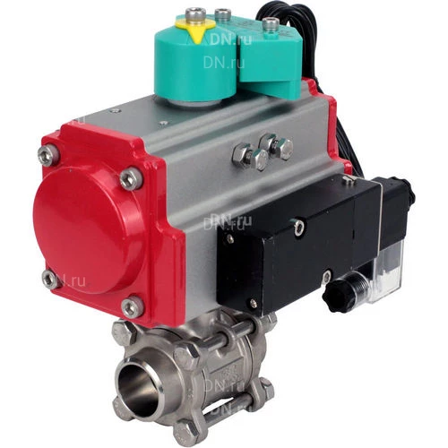 Краны шаровые DN.ru BV3232P(3pc)-FP-W-ISO-H WDVF Ду15-32 Ру63 полнопроходные, корпус - нержавеющая сталь 316, уплотнение - PTFE, под приварку, с пневмоприводом PA-DA, пневмораспределителем 4М310-08 24В и магнитным переключателем ALS200D