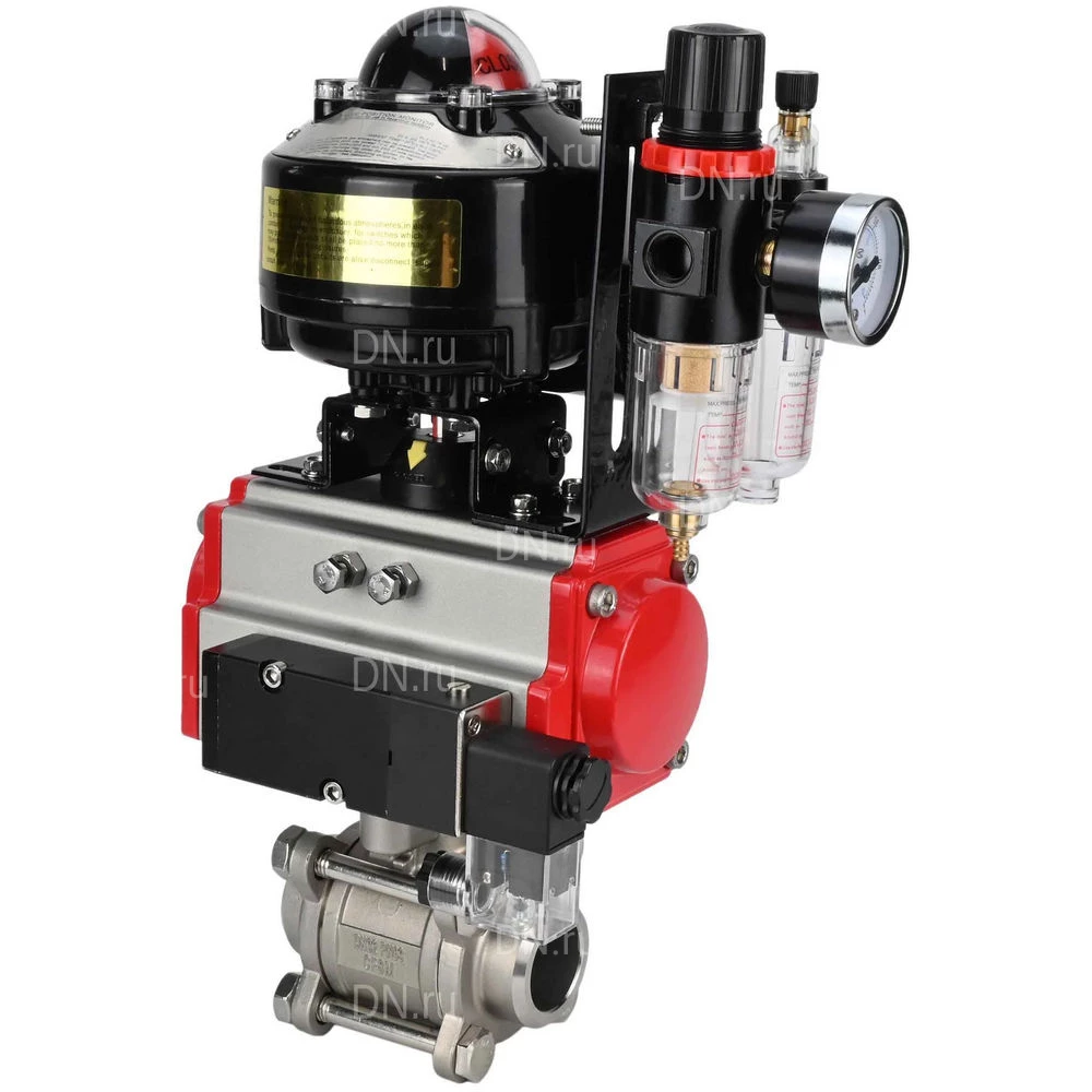 Кран шаровой DN.ru BV3232P(3pc)-FP-W-ISO-H WDVF Ду15 Ру63 полнопроходной, трехсоставной, корпус - нержавеющая сталь 316, уплотнение - PTFE, под приварку, с пневмоприводом PA-SA-065, пневмораспределителем 4М310-08 24В, БКВ APL-510N EX, БПВ AFC2000