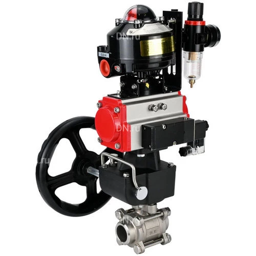 Краны шаровые DN.ru BV3232P(3pc)-FP-W-ISO-H WDVF Ду15-32 Ру63 полнопроходные, нерж. сталь 316, PTFE, под приварку, с пн.приводом PA-DA, пн.распределителем 4М310-08 220В, БКВ APL-510N EX, руч. дублером MON, БПВ AFC2000