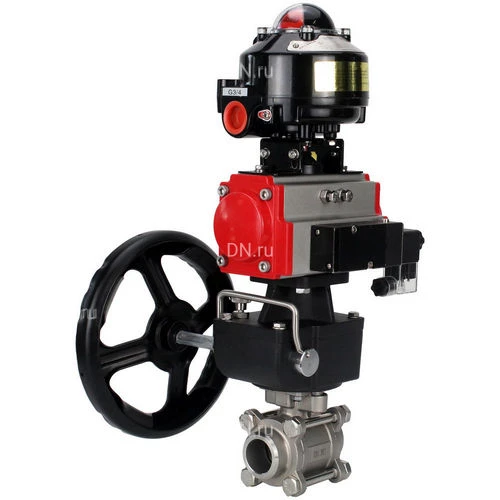 Краны шаровые DN.ru BV3232P(3pc)-FP-W-ISO-H WDVF Ду15-32 Ру63 полнопроходные, нерж. сталь 316, уплотнение - PTFE, под приварку, с пневмоприводом PA-DA, пн.распределителем 4М310-08 220В, БКВ APL-510N EX, ручным дублером MON