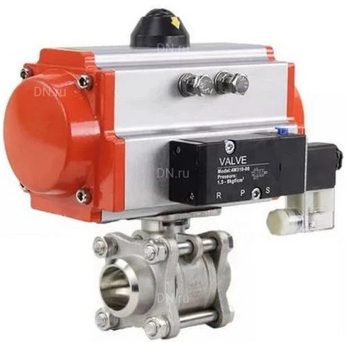 Краны шаровые DN.ru BV3232P(3pc)-FP-W-ISO-H WDVF Ду15-32 Ру63 полнопроходные, корпус - нержавеющая сталь 316, уплотнение - PTFE, под приварку, с пневмоприводом PA-DA, пневмораспределителем 4М310-08 24В