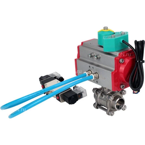 Краны шаровые DN.ru BV3232P(3pc)-FP-W-ISO-H WDVF Ду15-32 Ру63 полнопроходные, корпус - нержавеющая сталь 316, уплотнение - PTFE, под приварку, с пневмоприводом PA-DA, пневмораспределителем 4V320-08 220В и магнитным переключателем ALS200D