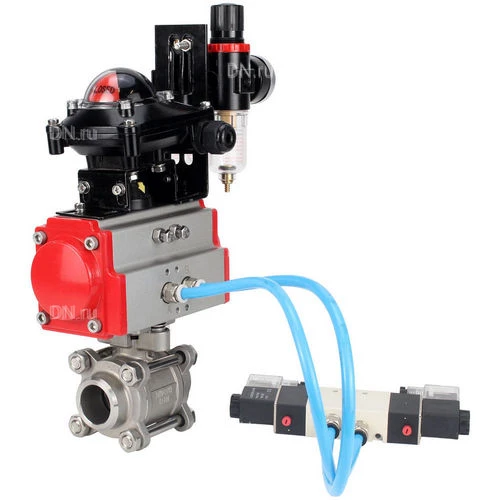 Краны шаровые DN.ru BV3232P(3pc)-FP-W-ISO-H WDVF Ду15-32 Ру63 полнопроходные, корпус - нержавеющая сталь 316, уплотнение - PTFE, под приварку, с пневмоприводом PA-SA, пневмораспределителем 4V320-10 220В, БКВ APL-210N, БПВ AFC2000