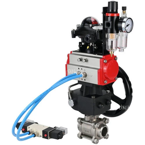Краны шаровые DN.ru BV3232P(3pc)-FP-W-ISO-H WDVF Ду15-32 Ру63 полнопроходные, нерж. сталь 316, уплотнение - PTFE, под приварку, с пн.приводом PA-DA, пн.распределителем 4V320-10 220В, БКВ APL-210N, руч. дублером MON, БПВ AFC2000