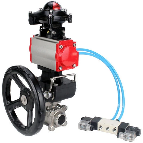 Краны шаровые DN.ru BV3232P(3pc)-FP-W-ISO-H WDVF Ду15-32 Ру63 полнопроходные, нерж. сталь 316, уплотнение - PTFE, под приварку, с пневмоприводом PA-DA, пн.распределителем 4V320-10 220В, БКВ APL-510N EX, ручным дублером MON