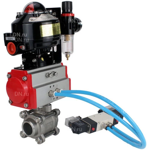 Краны шаровые DN.ru BV3232P(3pc)-FP-W-ISO-H WDVF Ду15-32 Ру63 полнопроходные, корпус - нержавеющая сталь 316, уплотнение - PTFE, под приварку, с пневмоприводом PA-SA, пневмораспределителем 4V320-10 220В, БКВ APL-510N EX, БПВ AFC2000