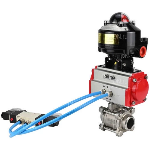 Краны шаровые DN.ru BV3232P(3pc)-FP-W-ISO-H WDVF Ду15-32 Ру63 полнопроходные, корпус - нержавеющая сталь 316, уплотнение - PTFE, под приварку, с пневмоприводом PA-DA, пневмораспределителем 4V320-10 220В, БКВ APL-510N EX