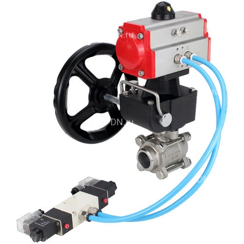 Краны шаровые DN.ru BV3232P(3pc)-FP-W-ISO-H WDVF Ду15-32 Ру63 полнопроходные, корпус - нержавеющая сталь 316, уплотнение - PTFE, под приварку, с пневмоприводом PA-DA, пневмораспределителем 4V320-10 220В, ручным дублером MON
