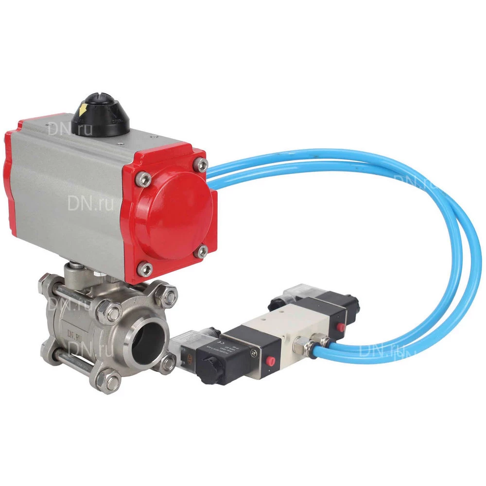 Кран шаровой DN.ru BV3232P(3pc)-FP-W-ISO-H WDVF Ду25 Ру63 полнопроходной, трехсоставной, корпус - нержавеющая сталь 316, уплотнение - PTFE, под приварку, с пневмоприводом PA-SA-083, пневмораспределителем 4V320-10 220В