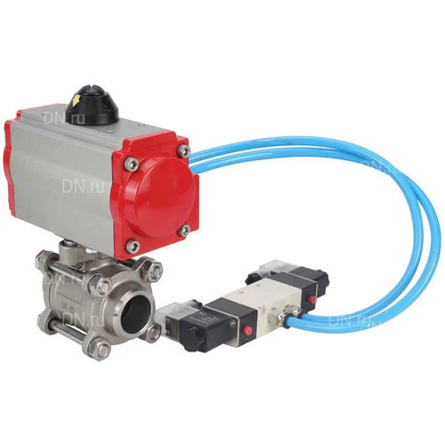 Краны шаровые DN.ru BV3232P(3pc)-FP-W-ISO-H WDVF Ду15-32 Ру63 полнопроходные, корпус - нержавеющая сталь 316, уплотнение - PTFE, под приварку, с пневмоприводом PA-DA, пневмораспределителем 4V320-10 220В