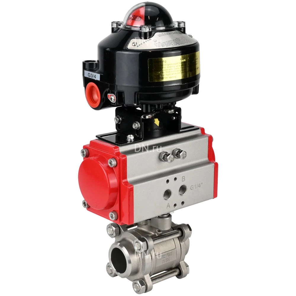 Кран шаровой DN.ru BV3232P(3pc)-FP-W-ISO-H WDVF Ду15 Ру63 полнопроходной, трехсоставной, корпус - нержавеющая сталь 316, уплотнение - PTFE, под приварку, с пневмоприводом PA-SA-065, БКВ APL-510N EX