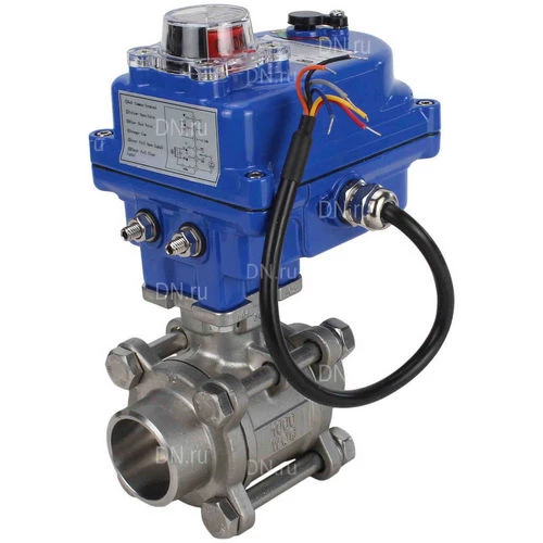 Краны шаровые DN.ru BV3232P(3pc)-FP-W-ISO-H WDVF Ду15-32 Ру63 полнопроходные, корпус - нержавеющая сталь 316, уплотнение - PTFE, под приварку, с 1/4-оборотным электроприводом DN.ru QT-N-EM-O1-220VAC-У1 blue