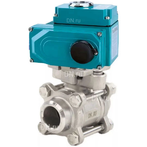 Краны шаровые DN.ru BV3232P(3pc)-FP-W-ISO-H WDVF Ду15-32 Ру63 полнопроходные, корпус - нержавеющая сталь 316, уплотнение - PTFE, под приварку, с 1/4-оборотным электроприводом DN.ru QT-N-EM-O1-24VDC-У1 HARK