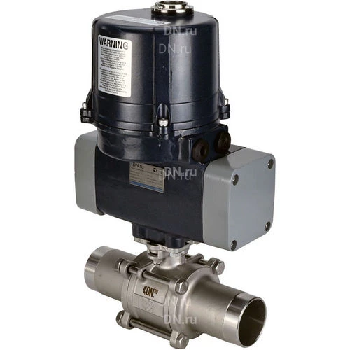 Краны шаровые DN.ru BV3232P(3pc)-FP-W-ISO-H WDVF Ду15-32 Ру63 полнопроходные, корпус - нержавеющая сталь 316, уплотнение - PTFE, под приварку, с 1/4-оборотным электроприводом DN.ru QTSA-N-EM-O0-220VAC с пружинным возвратом