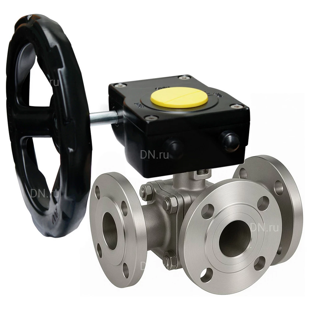 Краны шаровые DN.ru BV3232P(2pc)-FP-3WL-F-ISO-H Ду20-80 Ру16 HYMT, трехходовые L-тип, полнопроходные, фланцевые, корпус - нержавеющая сталь SS316, с редуктором HAM RQNx-xZ-x