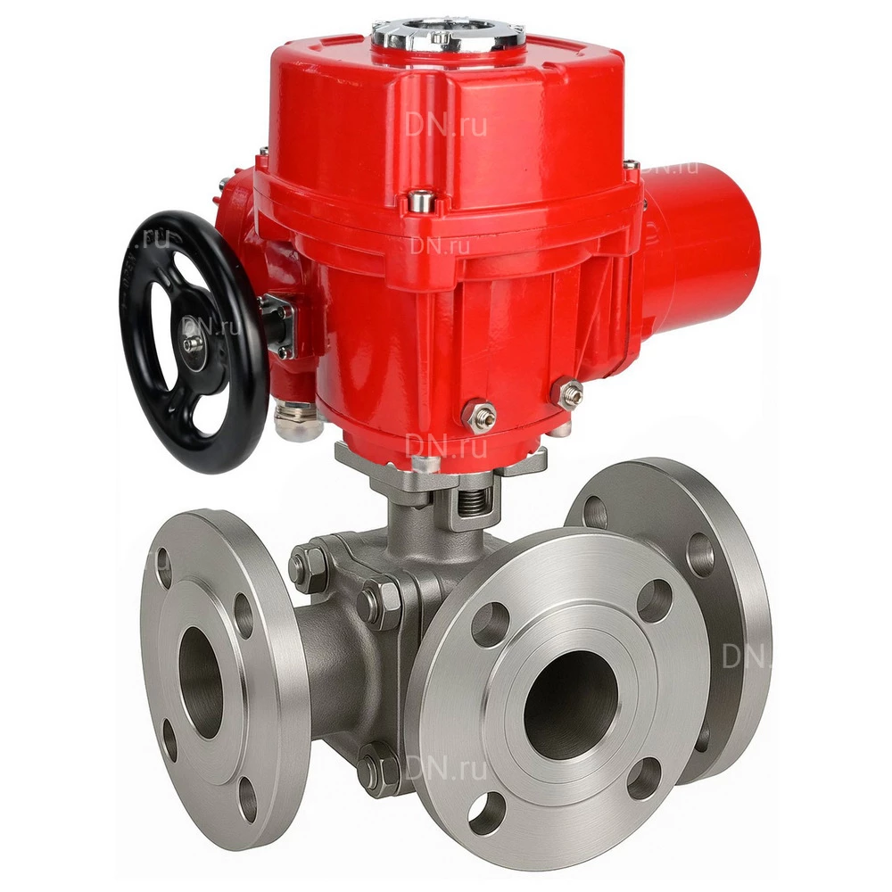 Краны шаровые DN.ru BV3232P(2pc)-FP-3WL-F-ISO-H Ду20-80 Ру16 HYMT, трехходовые L-тип, полнопроходные, фланцевые, корпус - нержавеющая сталь SS316, с электроприводом QT-EX-M-O2-220VAC-У1 с моментной муфтой и штурвалом