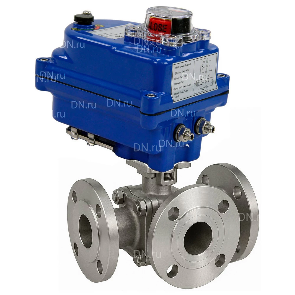 Краны шаровые DN.ru BV3232P(2pc)-FP-3WL-F-ISO-H Ду20-80 Ру16 HYMT, трехходовые L-тип, полнопроходные, фланцевые, корпус - нержавеющая сталь SS316, с электроприводом QT-N-EM-O1-24VDC-У1