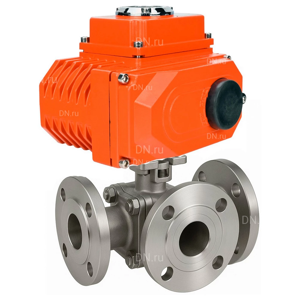 Краны шаровые DN.ru BV3232P(2pc)-FP-3WL-F-ISO-H Ду20-80 Ру16 HYMT, трехходовые L-тип, полнопроходные, фланцевые, корпус - нержавеющая сталь SS316, с электроприводом QT-N-EM-O1-380VAC-У1 HARK