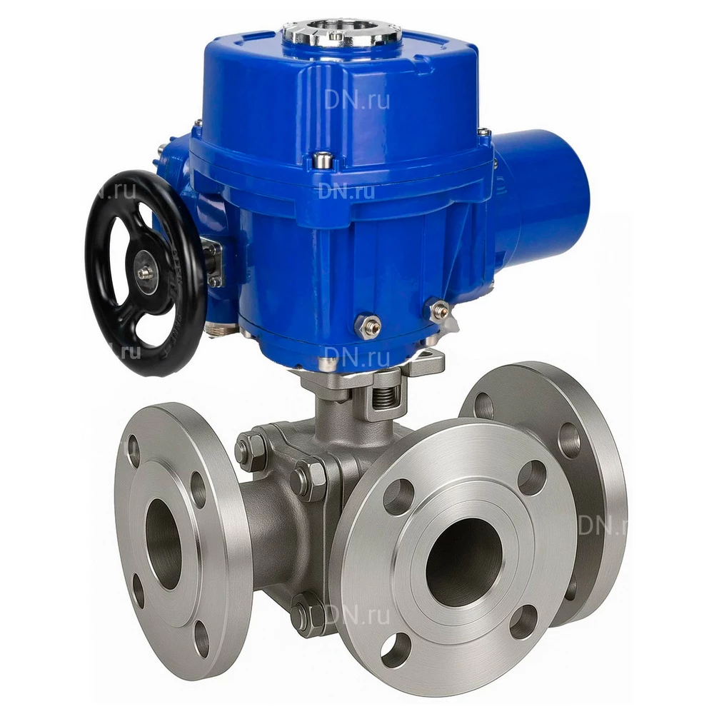 Краны шаровые DN.ru BV3232P(2pc)-FP-3WL-F-ISO-H Ду20-80 Ру16 HYMT, трехходовые L-тип, полнопроходные, фланцевые, корпус - нержавеющая сталь SS316, с электроприводом QT-N-M-O2-220VAC-У1 с моментной муфтой и штурвалом