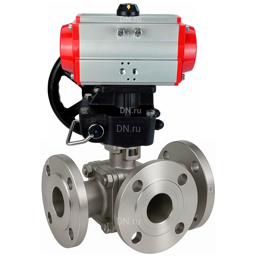 Краны шаровые DN.ru BV3232P(2pc)-FP-3WL-F-ISO-H Ду20-80 Ру16 HYMT, трехходовые L-тип, полнопроходные, фланцевые, корпус - нержавеющая сталь SS316, с пневмоприводом PA-DA и ручным дублером MON